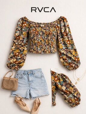 RVCA Floral Smocked Crop Top Boho Puff Sleeve Cottagecore Festival Blouse